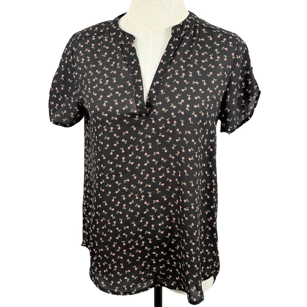 Ditsy Floral S Blouse Black Pink 90s Split V Neck Roll Tab Coquette Lightweight